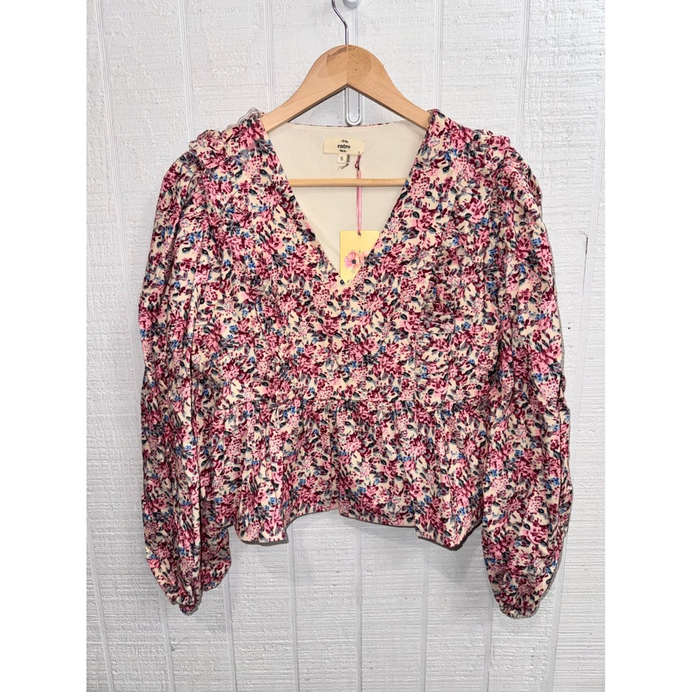 Entro Peplum Blouse Womens Small Pink Floral Corduroy Puff Sleeve V-Neck T22086